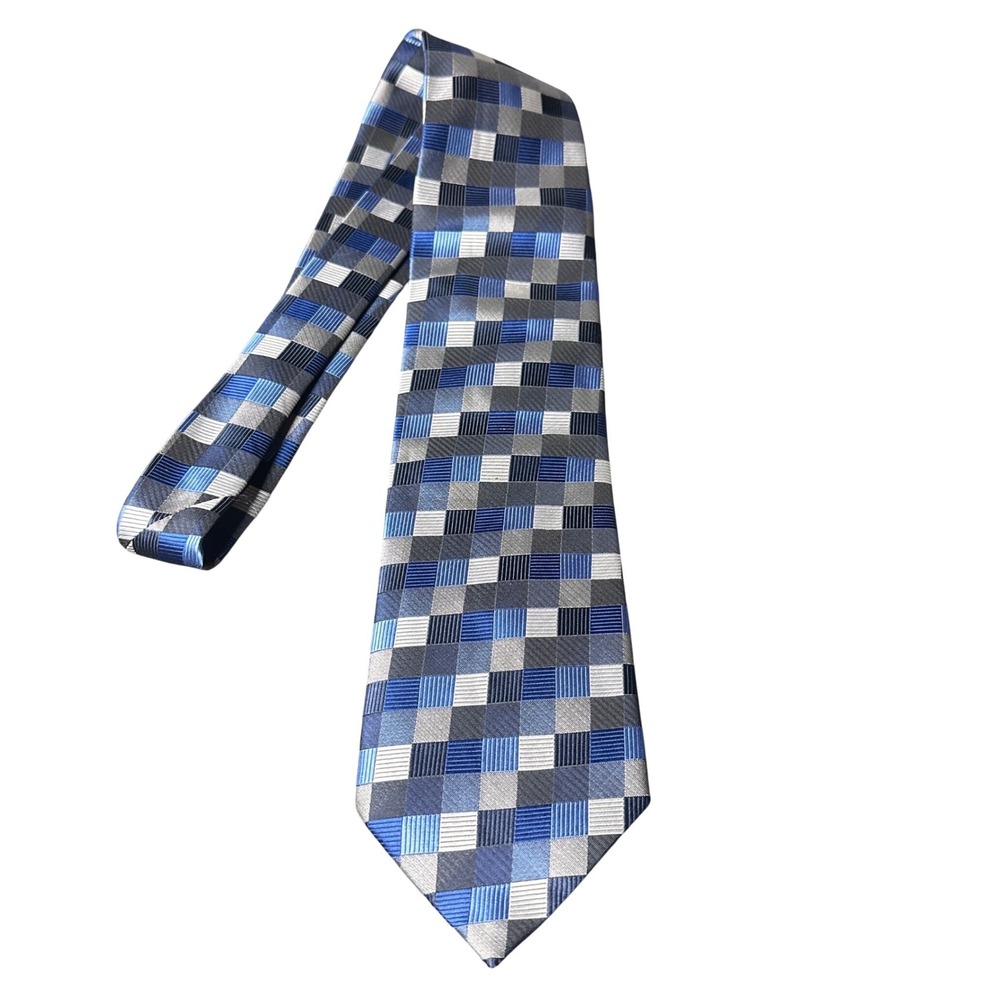Bergamo‎ New York Mens Blue Grey Plaid Silk Necktie Tie